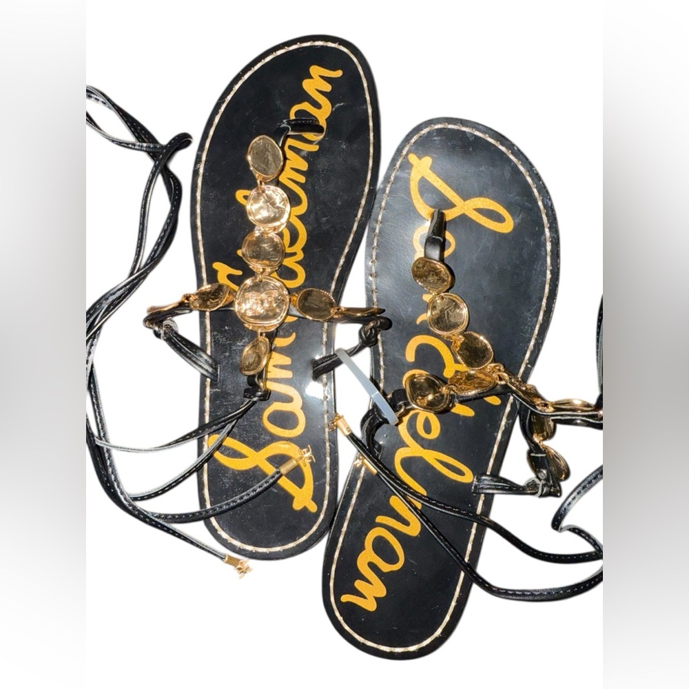 Sam Edelman Black Deirdre Wrap Leather Lace-Up Sandals Gold Coin Details Size 6 - Picture 5 of 6